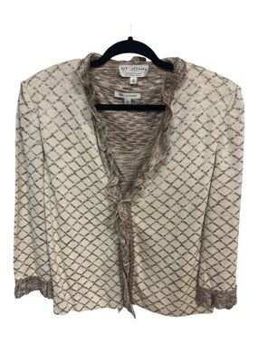 NWOT 2 pc St John Collection Cream and Taupe Diamond Lattice Knit Jacket Sz 14/L